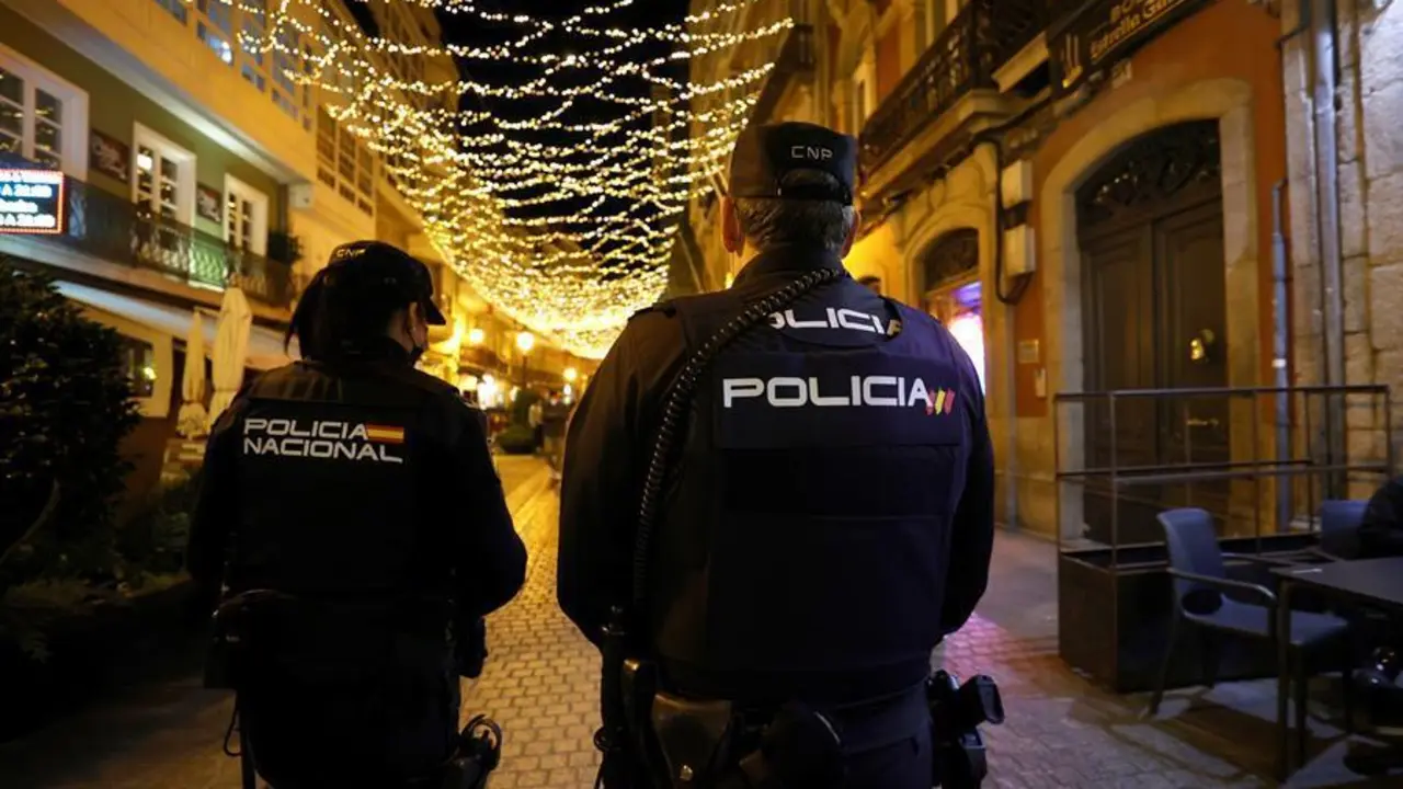 Dos agentes de la Polic&iacute;a Nacional patrullan por una c&eacute;ntrica calle de A Coru&ntilde;a, este martes. Galicia ha anunciado la puesta en marcha de un "toque de no queda", con la prohibici&oacute;n de estar por la calle entre las 2 y las 6 de la madrugada, excepto para desplazamientos individuales o de la misma unidad familiar, y restringe el horario de la hosteler&iacute;a a las 12 horas y del ocio nocturno a las 2 con car&aacute;cter general. EFE/ Cabalar