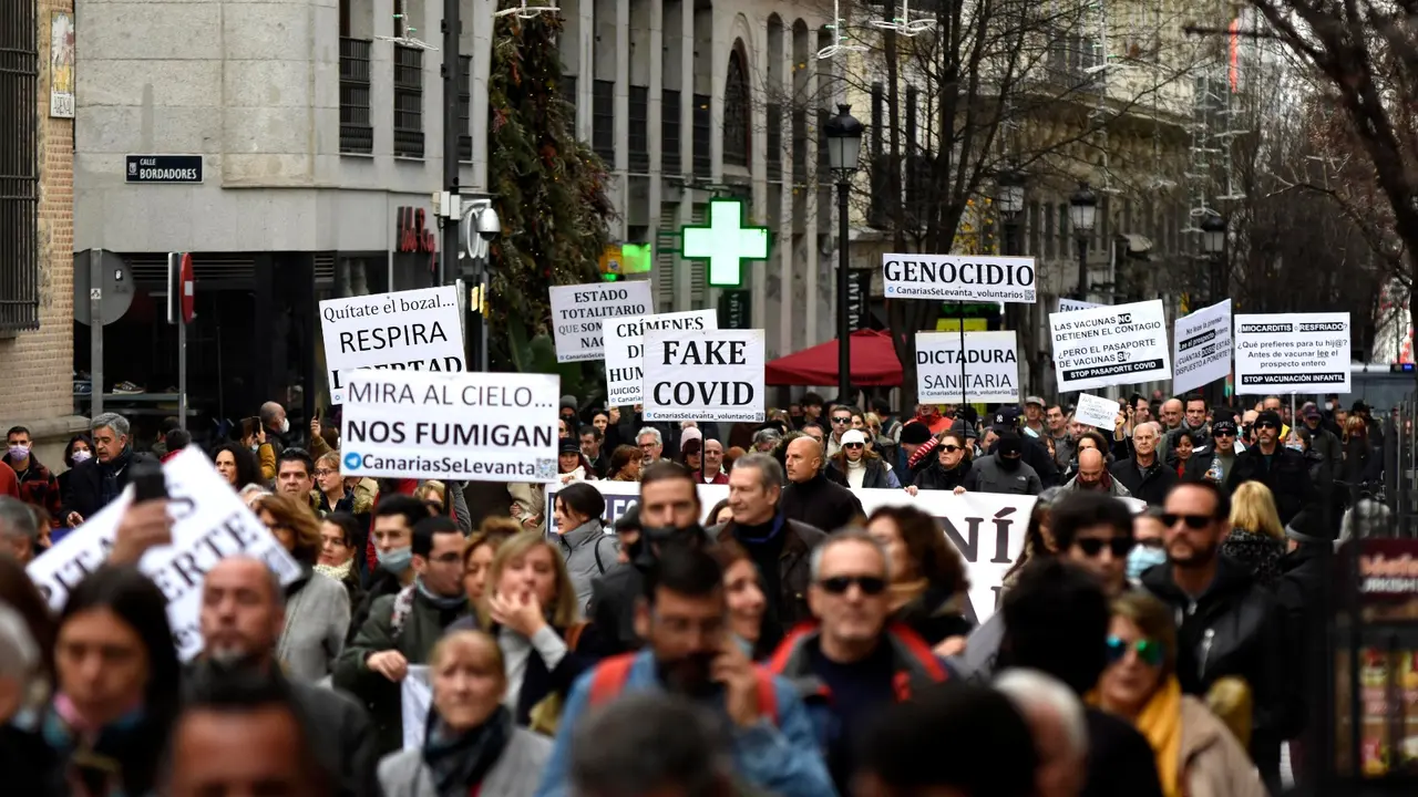 Manifestaci&oacute;n de los negacionistas por el centro de Madrid este fin de semana. / Zubelzu
