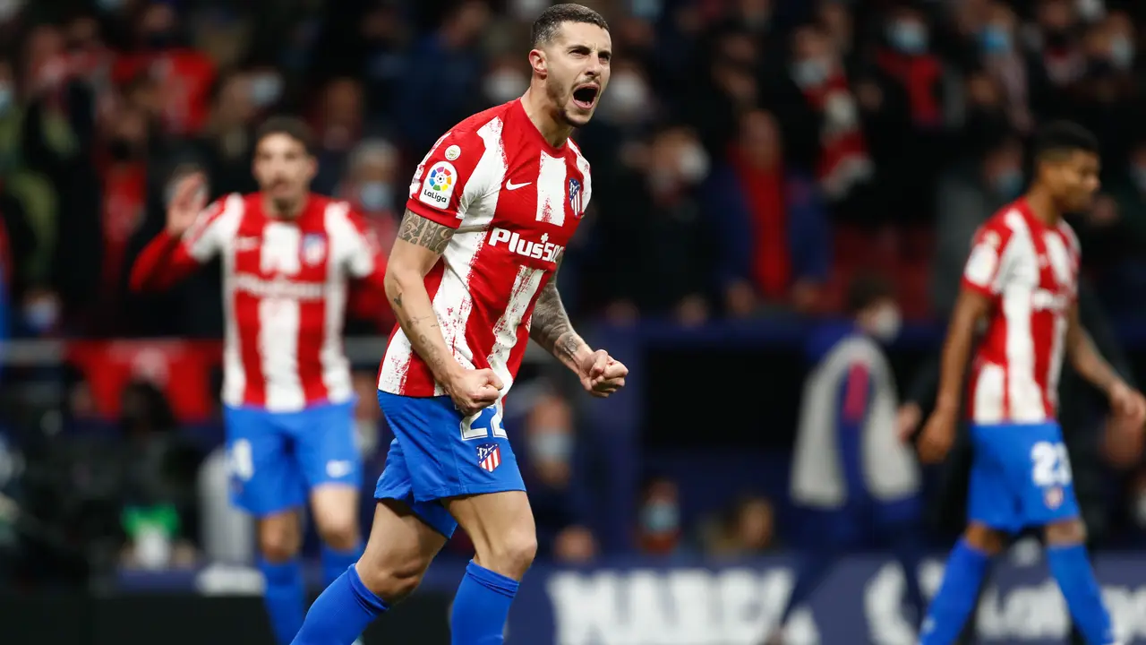 Mario Hermoso of Atletico de Madrid celebrates a goal during the Spanish League, La Liga Santander, football match played between Atletico de Madrid and Getafe CF at Wanda Metropolitano stadium on February 12, 2022, in Madrid, Spain.