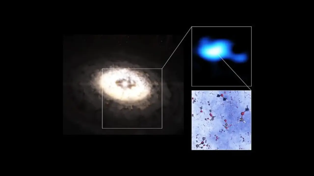 This composite image features an artistic impression of the planet-forming disc around the IRS 48 star, also known as Oph-IRS 48. The disc contains a cashew-nut-shaped region in its southern part, which traps millimetre-sized dust grains that can come together and grow into kilometre-sized objects like comets, asteroids and potentially even planets. Recent observations with the Atacama Large Millimeter/submillimeter Array (ALMA)&nbsp;spotted several complex organic molecules in this region, including dimethyl ether,&nbsp;the largest molecule found in a planet-forming disc to date. The emission signaling the presence of this molecule (real observations shown in&nbsp;blue) is clearly stronger in the disc&rsquo;s dust trap. A model of the molecule is also shown in this composite.