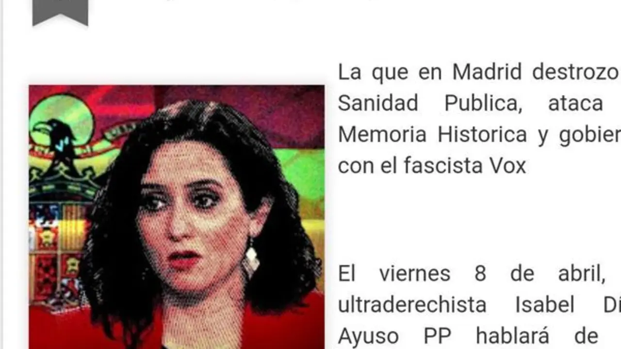 Imagen de una web de Ayuso, objetivo de los ataques del entorno de la izquierda abertzale, con una bandera preconstitucional al fondo FOTO: EFE
