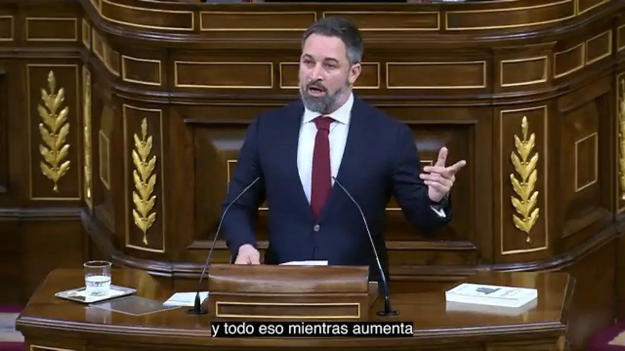 El l&iacute;der de Vox, Santiago Abascal, pronuncia un discurso durante una manifestaci&oacute;n, este s&aacute;bado en Madrid. EFE/Ballesteros