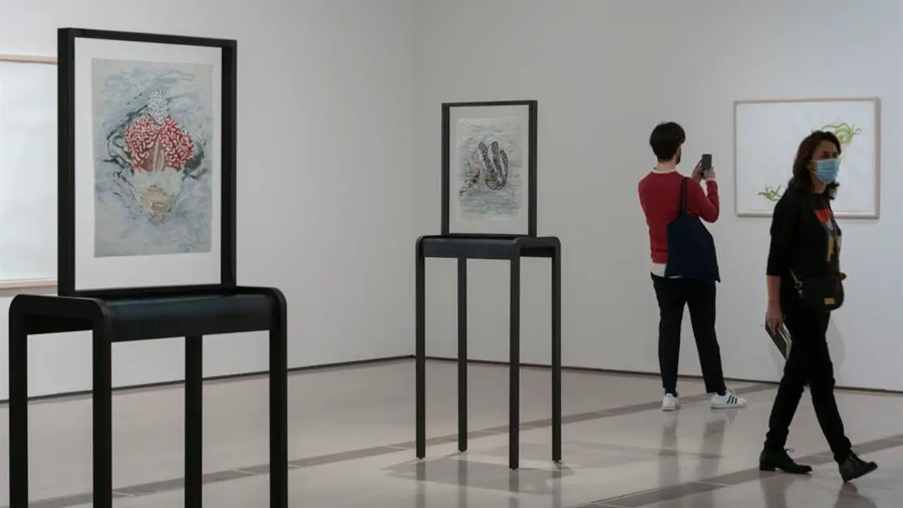 Vista de alguna de las obras de la artista estadounidense Ellen Gallagher que forma parte de la exposici&oacute;n de su obra llamada 'Ellen Gallagher with Edgar Cleijne: A law&hellip; a blueprint&hellip; a scale' que se inaugura este mi&eacute;rcoles en el Centro Bot&iacute;n en Santander. EFE/ Rom&aacute;n G. Aguilera
