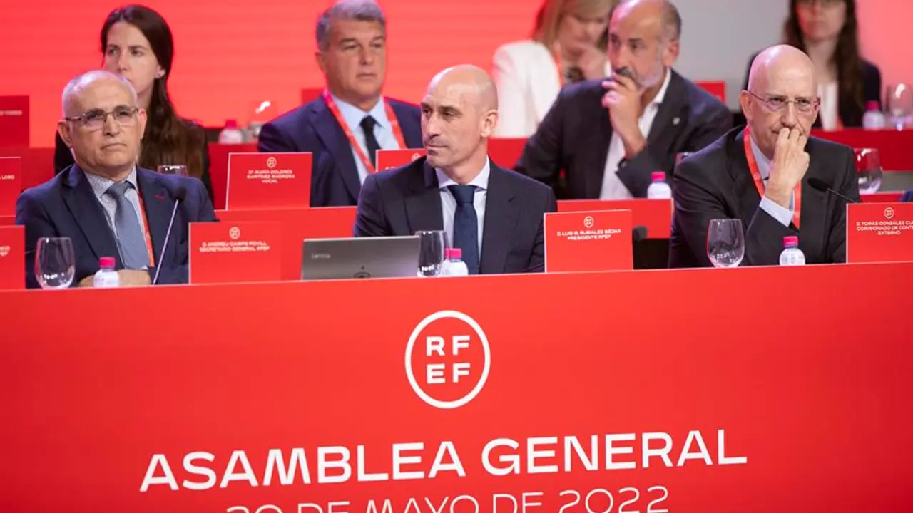 El presidente de la Federaci&oacute;n Espa&ntilde;ola de F&uacute;tbol (RFEF), Luis Rubiales (C), durante la Asamblea General de la RFEF celebrada este lunes en Madrid. EFE