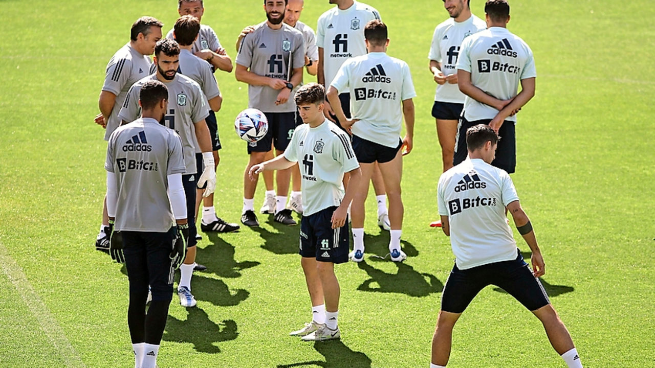Los jugadores de la selecci&oacute;n espa&ntilde;ola durante el entrenamiento en el campo de La Rosaleda en M&aacute;laga. / EFE