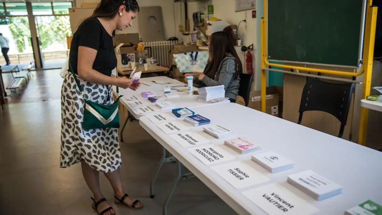 Un votante elige las papeletas antes de votar en la primera vuelta de las elecciones legislativas francesas, en un colegio electoral de Par&iacute;s, Francia, el 12 de junio de 2022. Las elecciones legislativas en Francia se celebrar&aacute;n los d&iacute;as 12 y 19 de junio de 2022 para elegir a los 577 miembros de la Asamblea Nacional de la Rep&uacute;blica Francesa. (Elecciones, Francia) EFE/EPA/CHRISTOPHE PETIT TESSON
