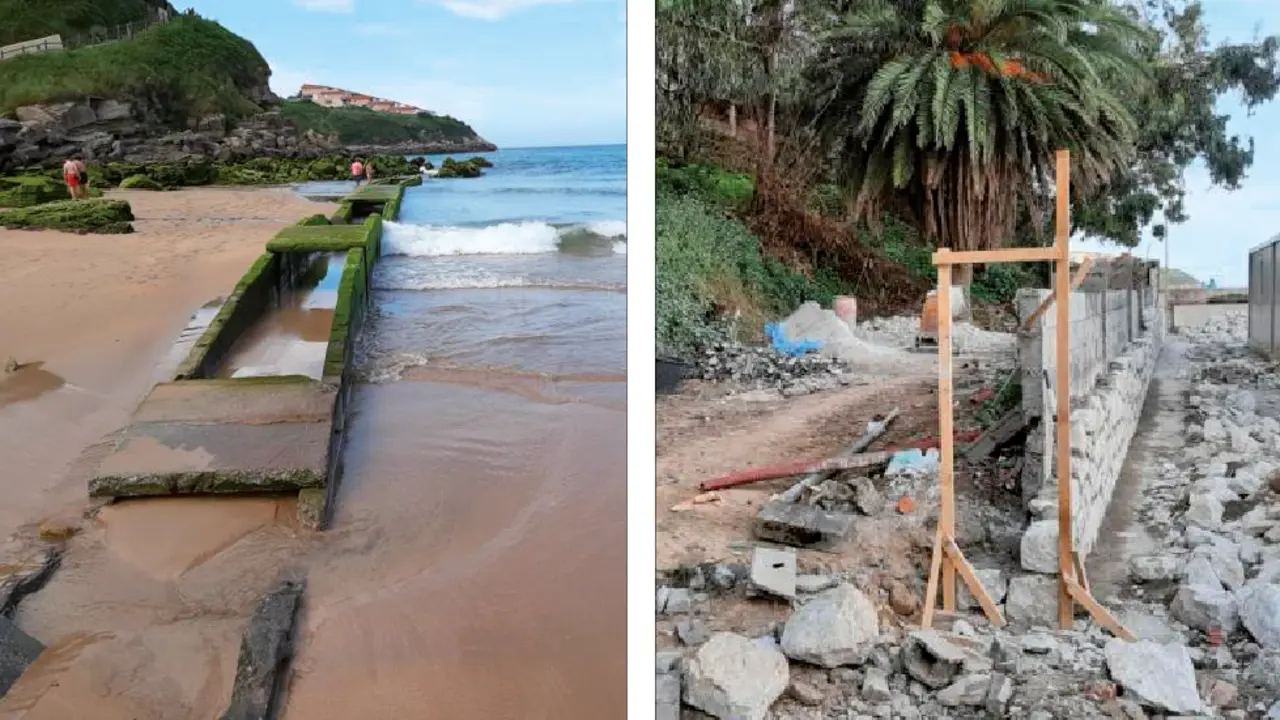 Los restos del colector que han aparecido tras llevarse la marea la arena. El muro en construcci&oacute;n limitando la playa de La Concha en Suances.