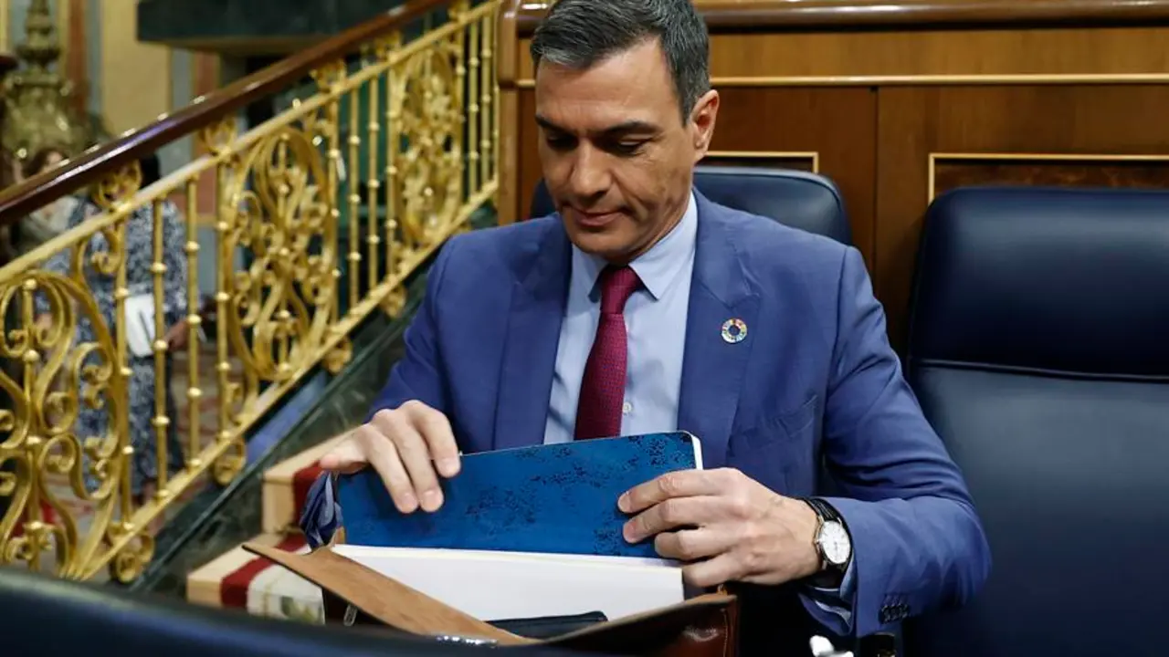 El presidente del Gobierno, Pedro S&aacute;nchez, durante la segunda jornada del debate sobre el Estado de la Naci&oacute;n este mi&eacute;rcoles en el Congreso. EFE/Chema Moya