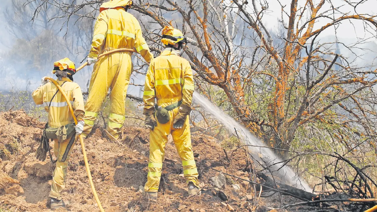 Miembros de la brigada helitransportada trabajan para sofocar el incendio declarado el pasado lunes en Ateca, Zaragoza. / EFE