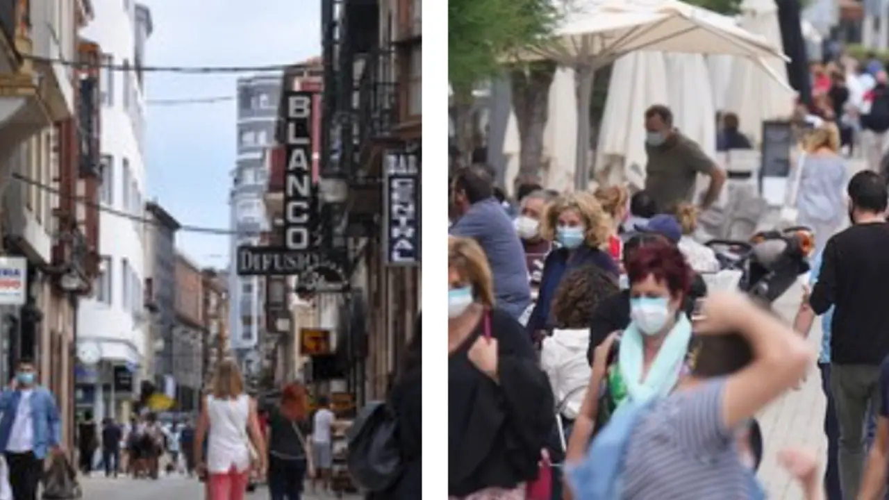 A la izquierda, varias personas en la calle Consolaci&oacute;n de Torrelavega y a la derecha turistas en Castro Urdiales. / ALERTA