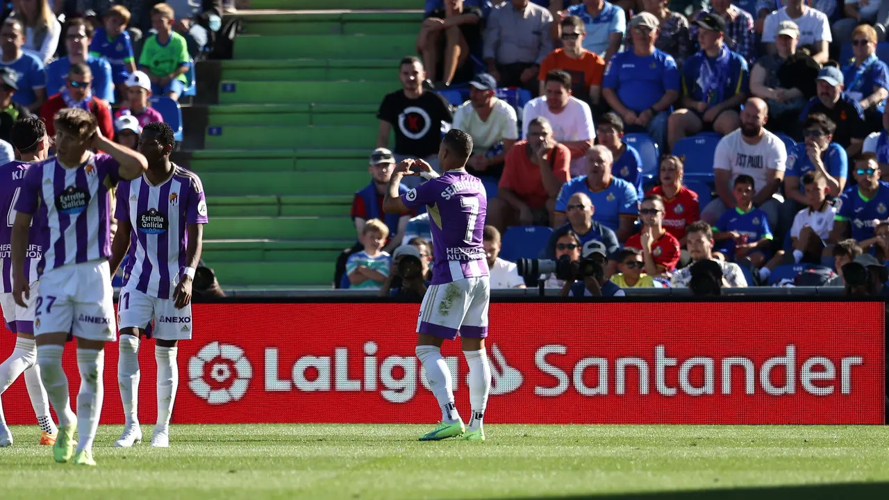Sergio Leon of Real Valladolid celebrates a goal during the spanish league, La Liga Santander, football match played between Getafe CF and Real Valladolid at Coliseum Alfonso Perez stadium on October 01, 2022, in Getafe, Madrid, Spain.