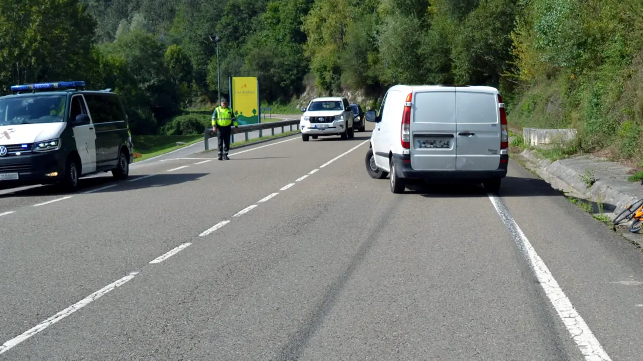 La Guardia Civil junto al veh&iacute;culo y la bicicleta tras el accidente. / OPC