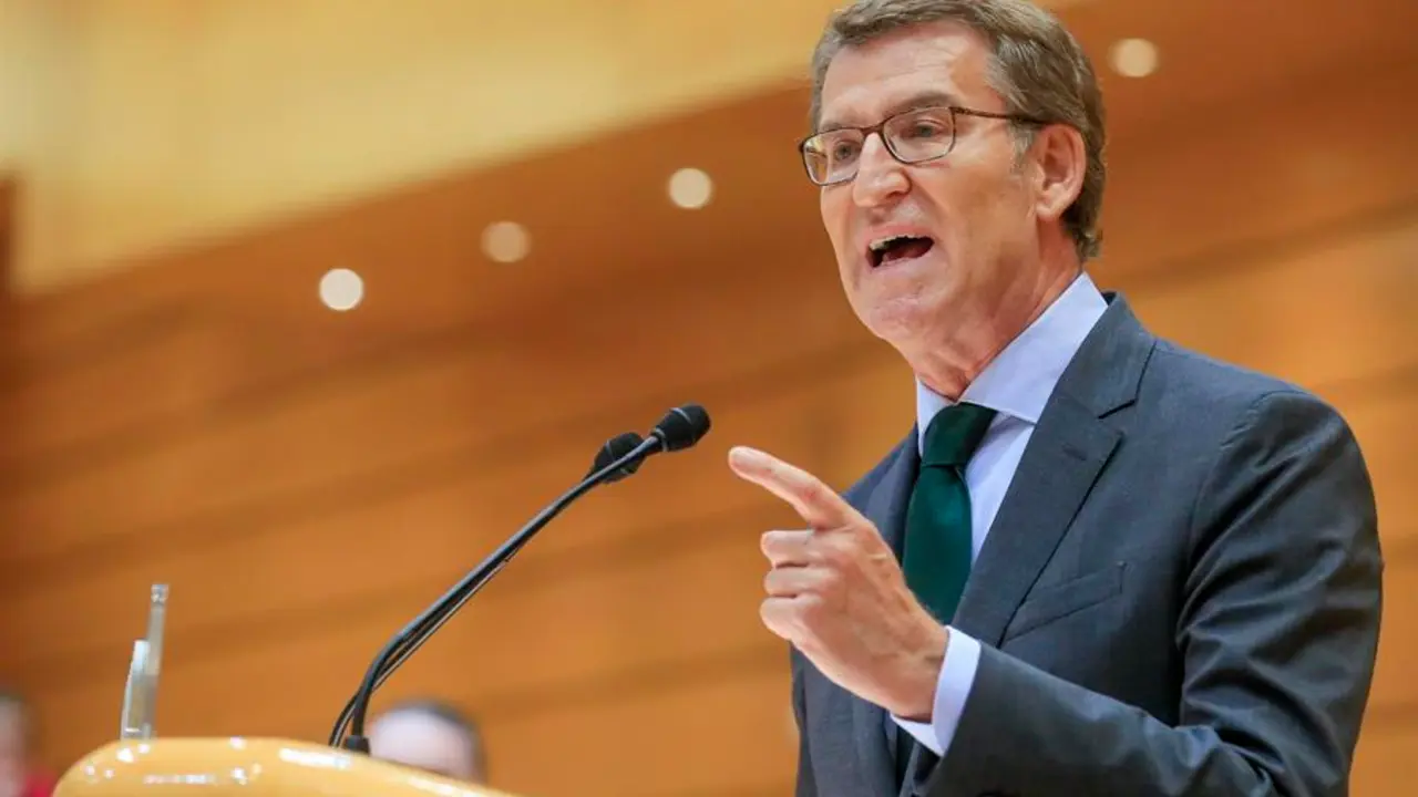 El l&iacute;der del PP, Alberto N&uacute;&ntilde;ez Feij&oacute;o, comparece en el pleno del Senado, donde el presidente del Gobierno, Pedro S&aacute;nchez, inform&oacute; de las &uacute;ltimas medidas econ&oacute;micas y fiscales del Ejecutivo y el papel de las comunidades aut&oacute;nomas en su aplicaci&oacute;n, este martes en Madrid. EFE/ Fernando Alvarado
