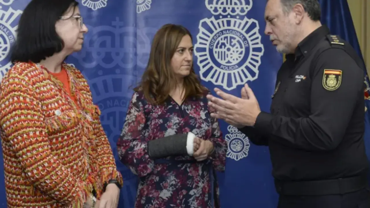 La delegada del Gobierno en Castilla y Le&oacute;n, Virginia Barcones (c), junto a la subdelegada en Valladolid, Alicia Villar (i), atienden a las explicaciones del jefe de Brigada de la Unidad Central de Redes de Inmigraci&oacute;n Ilegal y Falsedades Documentales (UCRIF CENTRAL), el comisario Jos&eacute; Nieto Barroso (d), momentos antes de presentar la operaci&oacute;n. EFE / Nacho Gallego