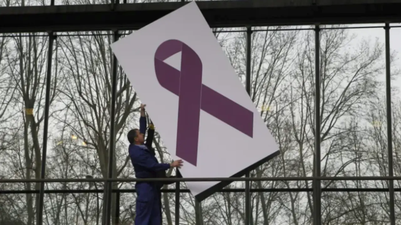 Un gran lazo morado, en una imagen de archivo. EFE / V&iacute;ctor Lerena