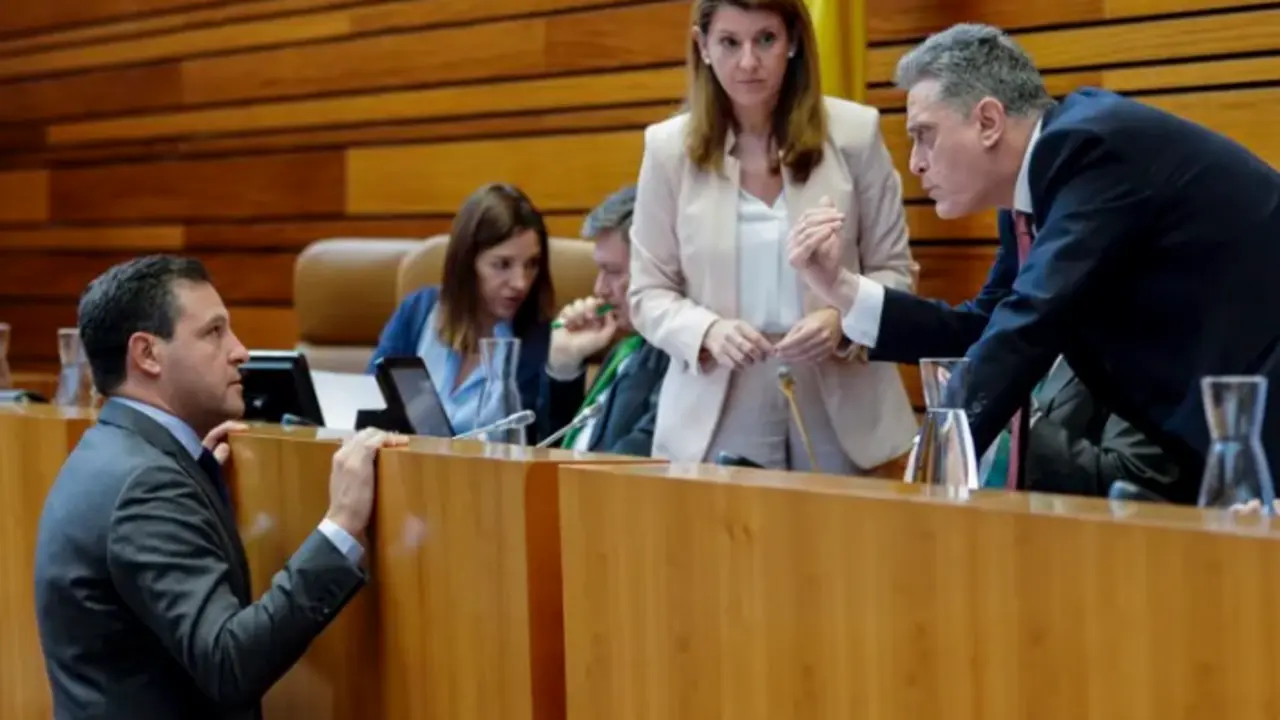 El portavoz del PP, Ra&uacute;l de la Hoz (i), conversa con el letrado mayor, Edmundo Mat&iacute;a (d), durante la suspensi&oacute;n del pleno provocada por el error en la votaci&oacute;n por parte del PP de la Ley de Medidas de Acompa&ntilde;amiento a los presupuestos, este viernes en las Cortes de Castilla y Le&oacute;n, en Valladolid. EFE/ Nacho Gallego