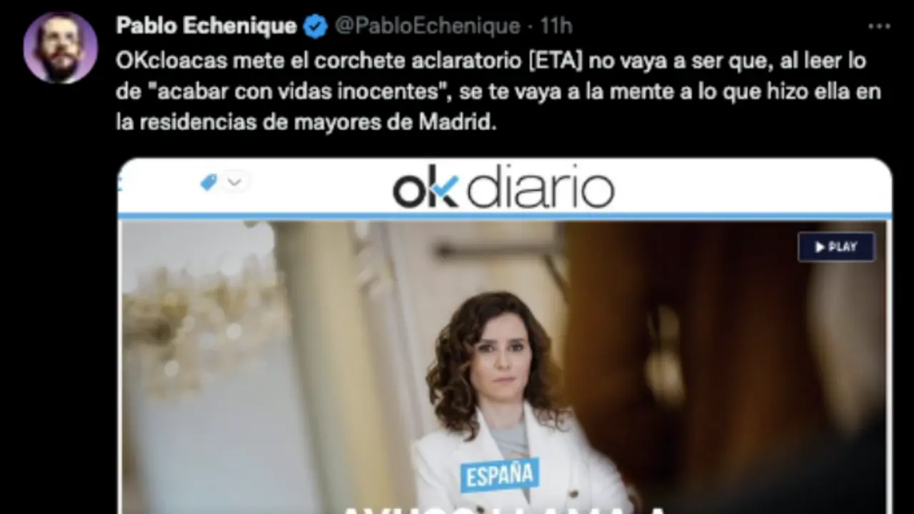 A Echenique le ha sentado mal que este medio recordara que Isabel D&iacute;az Ayuso se refer&iacute;a a la ETA sin ambages