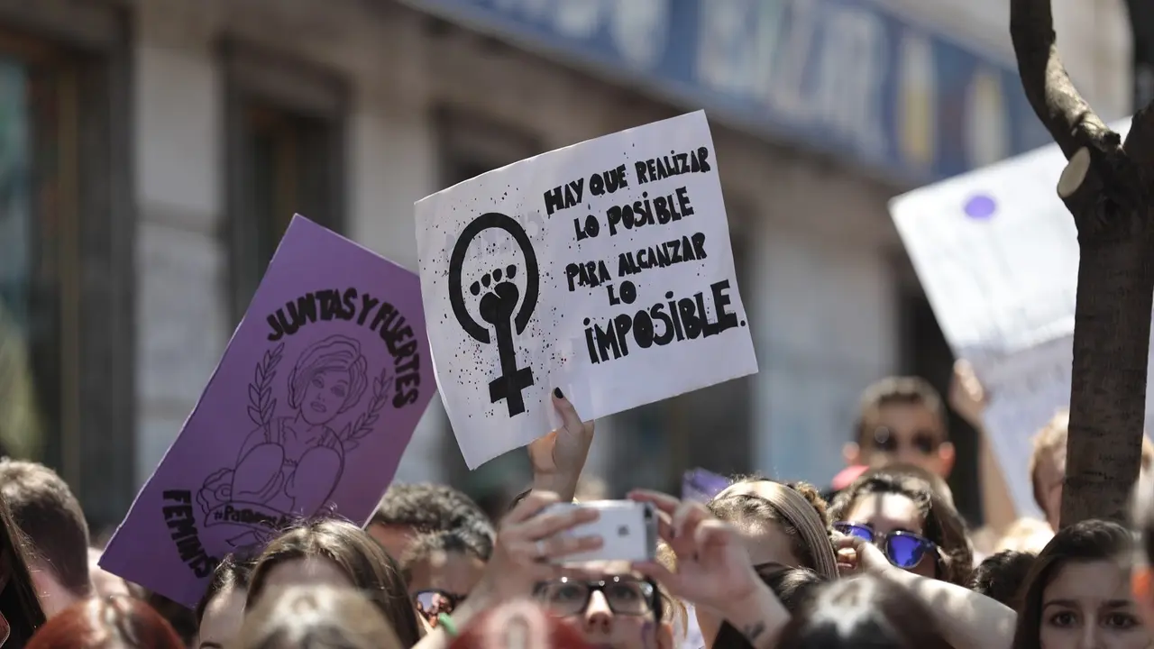 Vista de un cartel de una manifestaci&oacute;n con el lema 'Ni un paso atr&aacute;s en igualdad'. E.P.