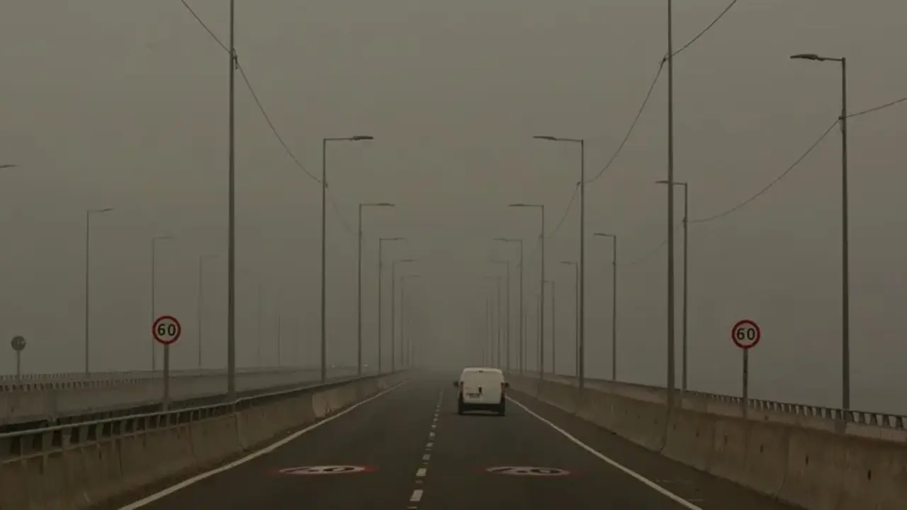Una carretera cubierta de humo provocado por un incendio, en Santa Juana, Regi&oacute;n del Biob&iacute;o (Chile). EFE / Esteban Paredes Drake