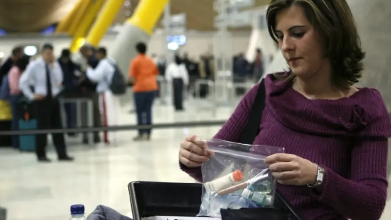 Una mujer deposita una bolsa en una bandeja antes de pasar por el control de seguridad del aeropuerto Madrid-Barajas. EFE / Emilio Naranjo