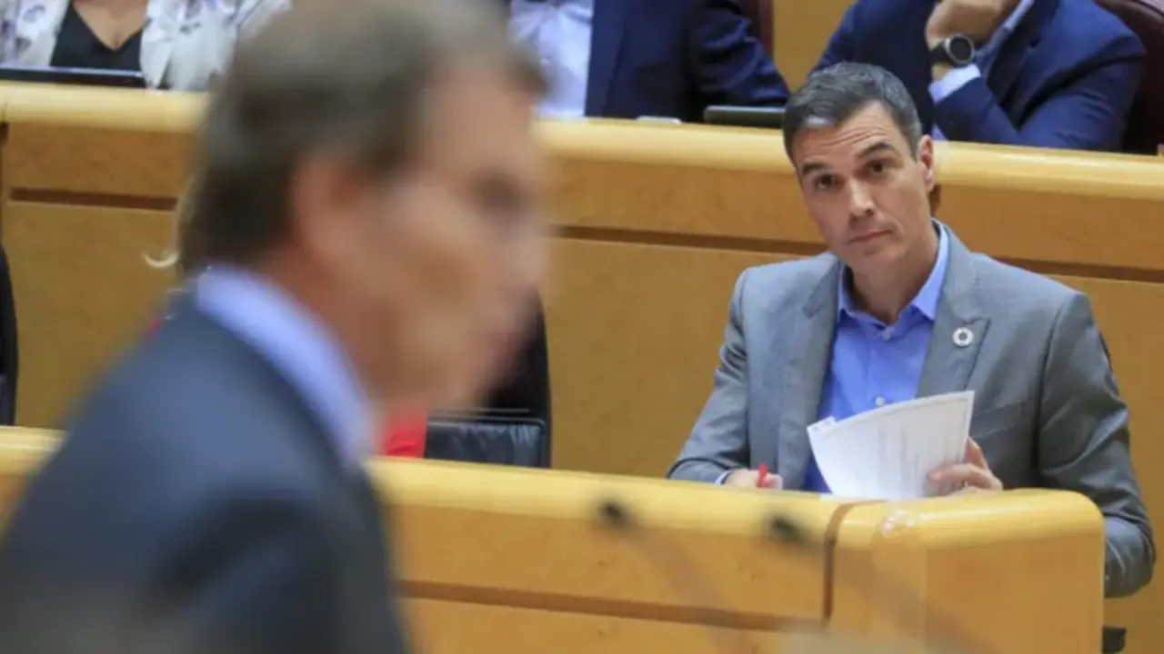 El presidente del Gobierno, Pedro S&aacute;nchez, escucha la intervenci&oacute;n del l&iacute;der del PP, Alberto N&uacute;&ntilde;ez Feij&oacute;o (i), en una imagen de archivo. EFE/Fernando Alvarado