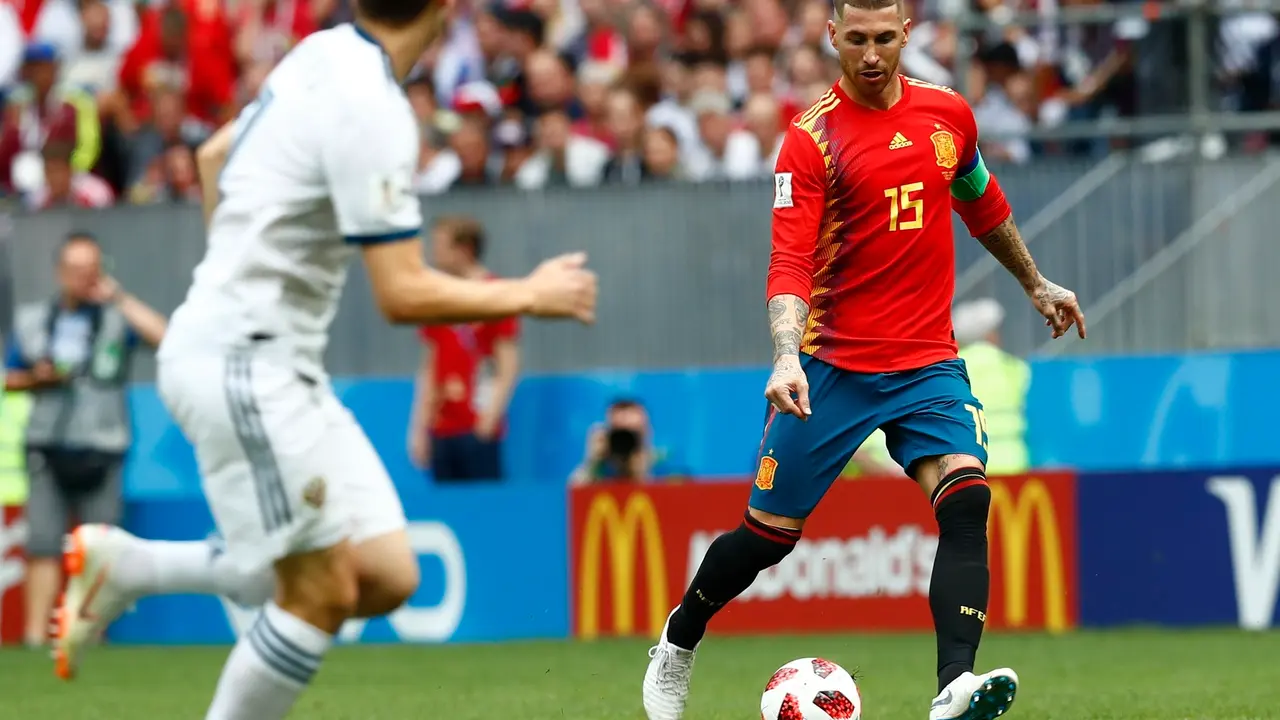 El futbolista espa&ntilde;ol Sergio Ramos, durante el partido de octavos de final del Mundial de 2018 ante la selecci&oacute;n de Rusia. / RFEF