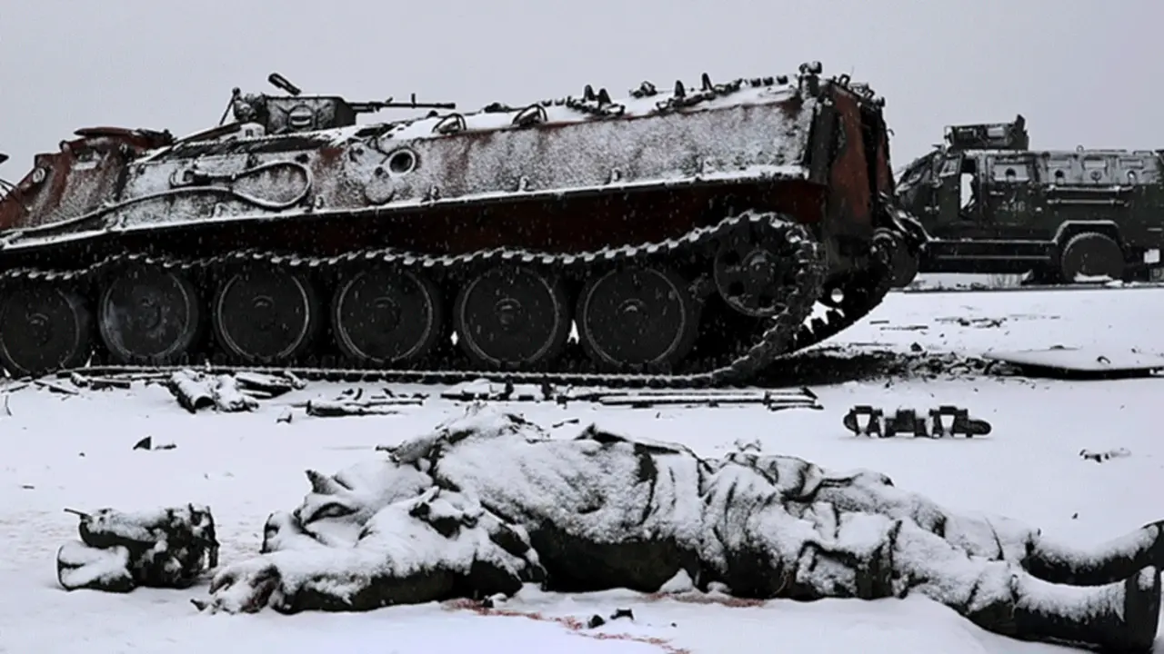Un soldado sobre el suelo junto a unos tanques. EFE