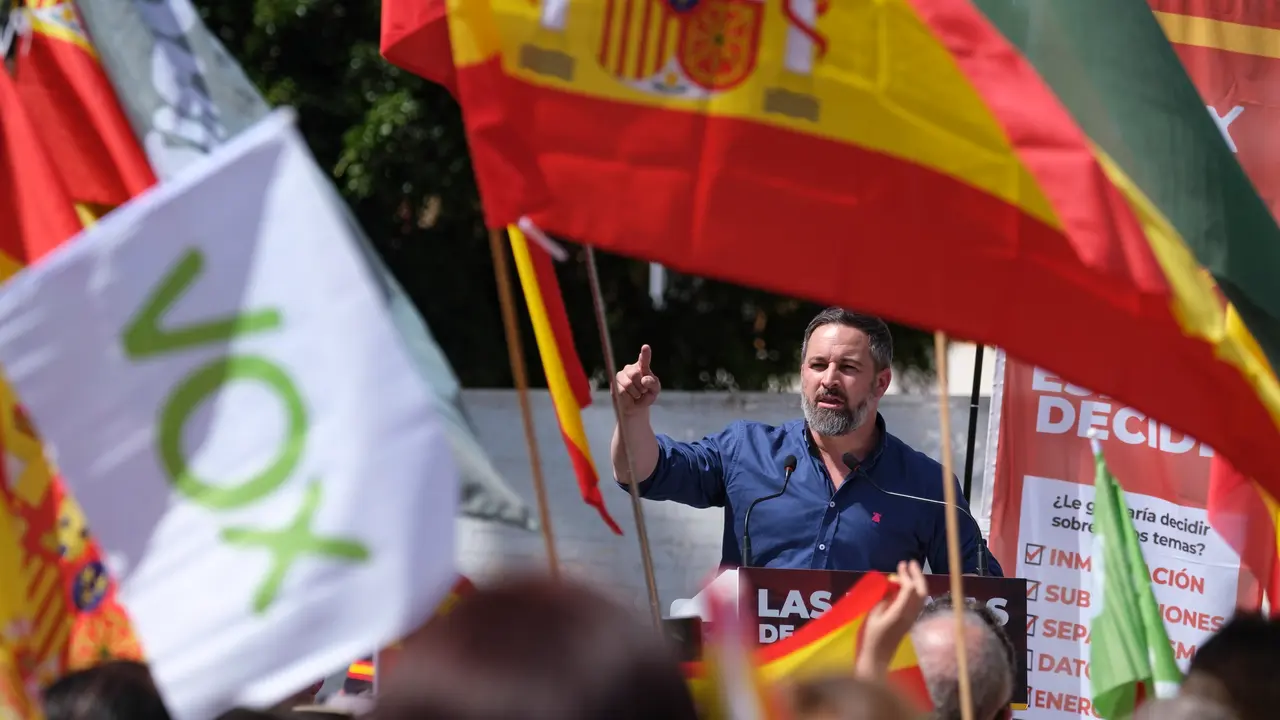 El presidente de Vox, Santiago Abascal en su intervenci&oacute;n. /&Aacute;ngel Medina G.