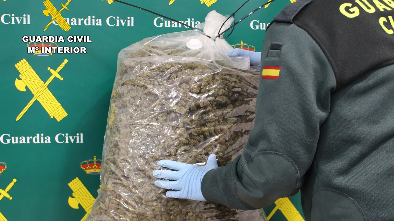 Bolsa con los 10 kilos de cogollos de marihuana intervenidos en la operaci&oacute;n. / GC