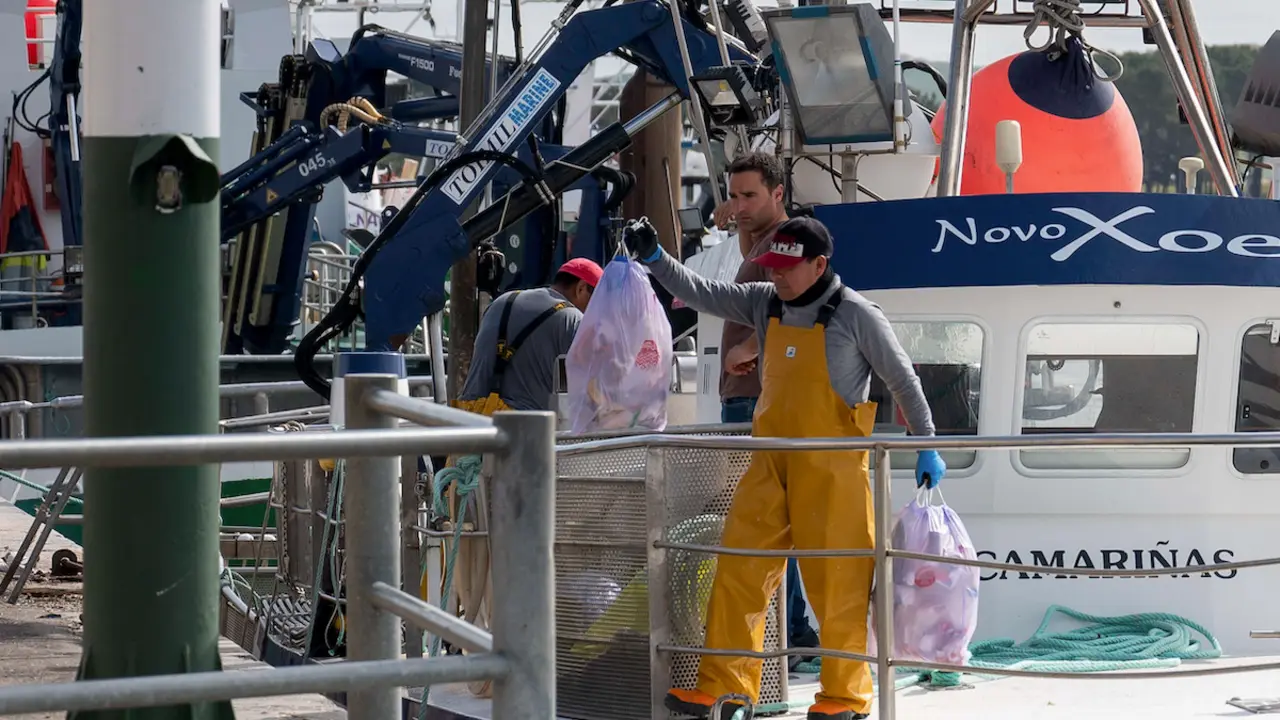 Marineros del pesquero gallego "Novo Xoel", este martes en el puerto de la localidad c&aacute;ntabra de San Vicente de la Barquera, donde permanece atracado despu&eacute;s que uno de sus trabajadores cayera al mar esta madrugada. Equipos del servicio de Salvamento Mar&iacute;timo buscan desde este martes a este pescador a unas cinco millas al norte de San Vicente de la Barquera. EFE/Pedro Puente Hoyos