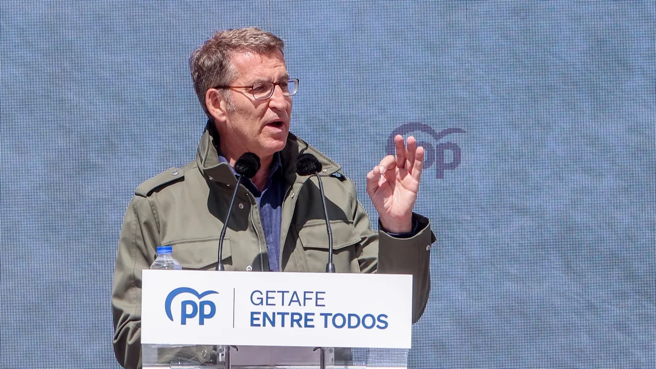 El presidente del Partido Popular, Alberto N&uacute;&ntilde;ez Feij&oacute;o, interviene en un mitin en la estaci&oacute;n central de Getafe. EP / Ricardo Rubio