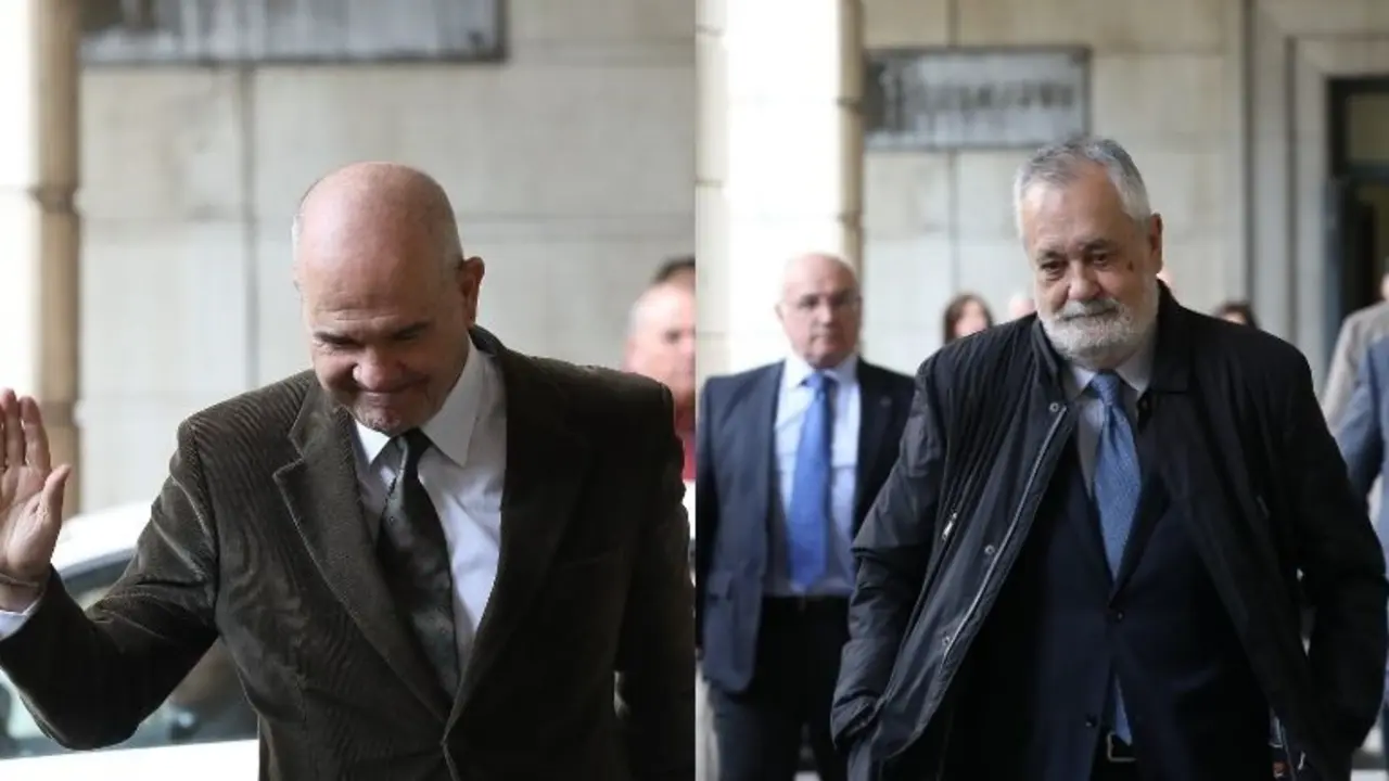 Los expresidentes de la Junta de Andaluc&iacute;a Manuel Chaves y Jos&eacute; Antonio Gri&ntilde;&aacute;n llegan a la Audiencia de Sevilla por el caso de los ERE. EP
