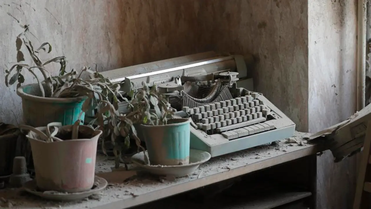 El polvo cubre una m&aacute;quina de escribir y varias plantas marchitas en el interior de una vivienda de Kiev. EFE / Sergey Dolzhenko