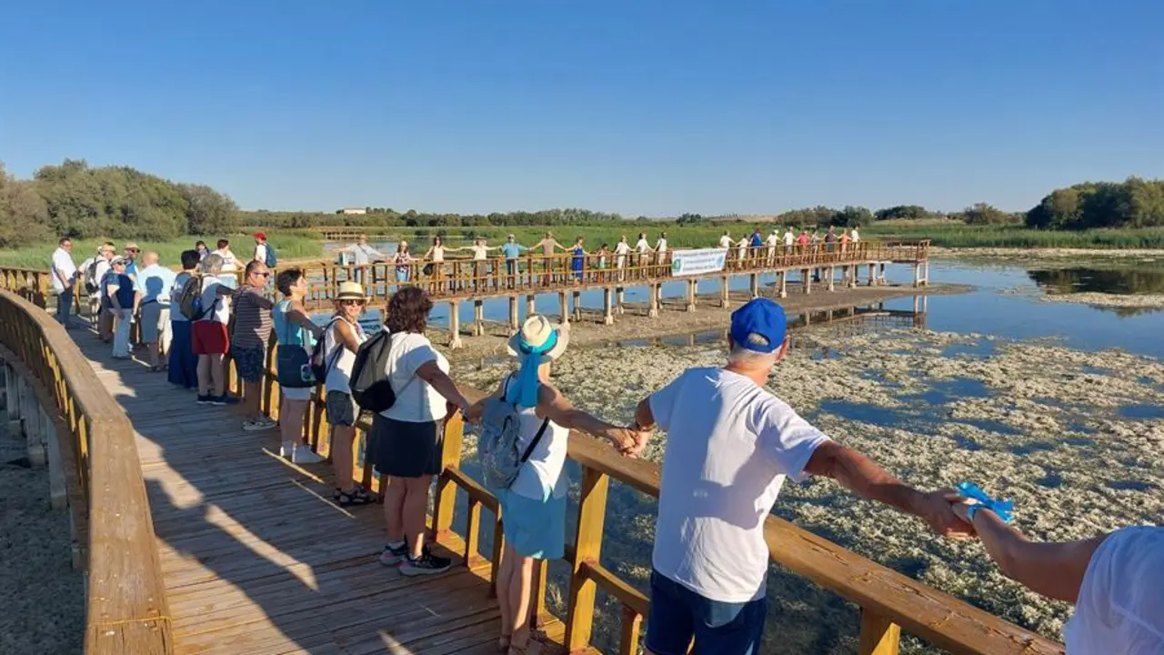 Medio centenar de personas se han congregado en el Parque Nacional de Las Tablas de Daimiel este s&aacute;bado para "abrazar el agua" y denunciar la lamentable situaci&oacute;n en la que se encuentra este emblem&aacute;tico humedal. / Beldad