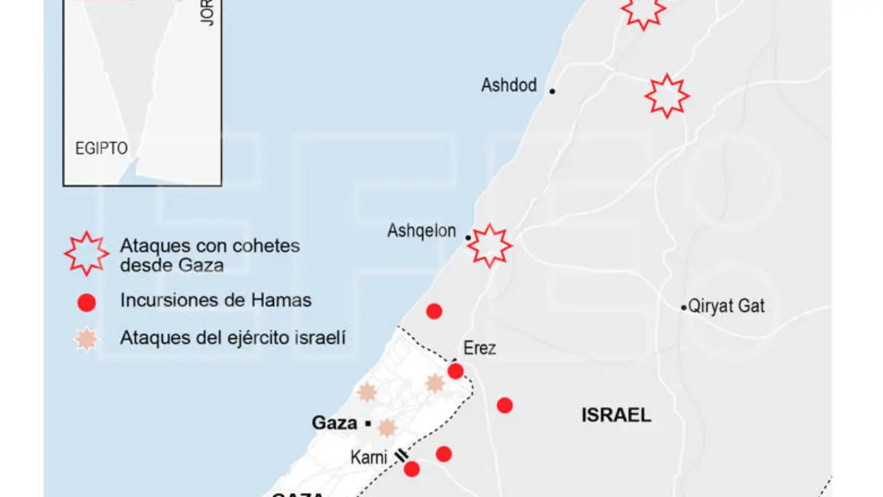 Los duros bombardeos israel&iacute;es sobre Gaza, m&aacute;s de 3.000 cohetes lanzados de la Franja a Israel, combates contra milicias palestinas que a&uacute;n controlan zonas israel&iacute;es y decenas de rehenes israel&iacute;es capturados marcan la guerra que estall&oacute; hoy.