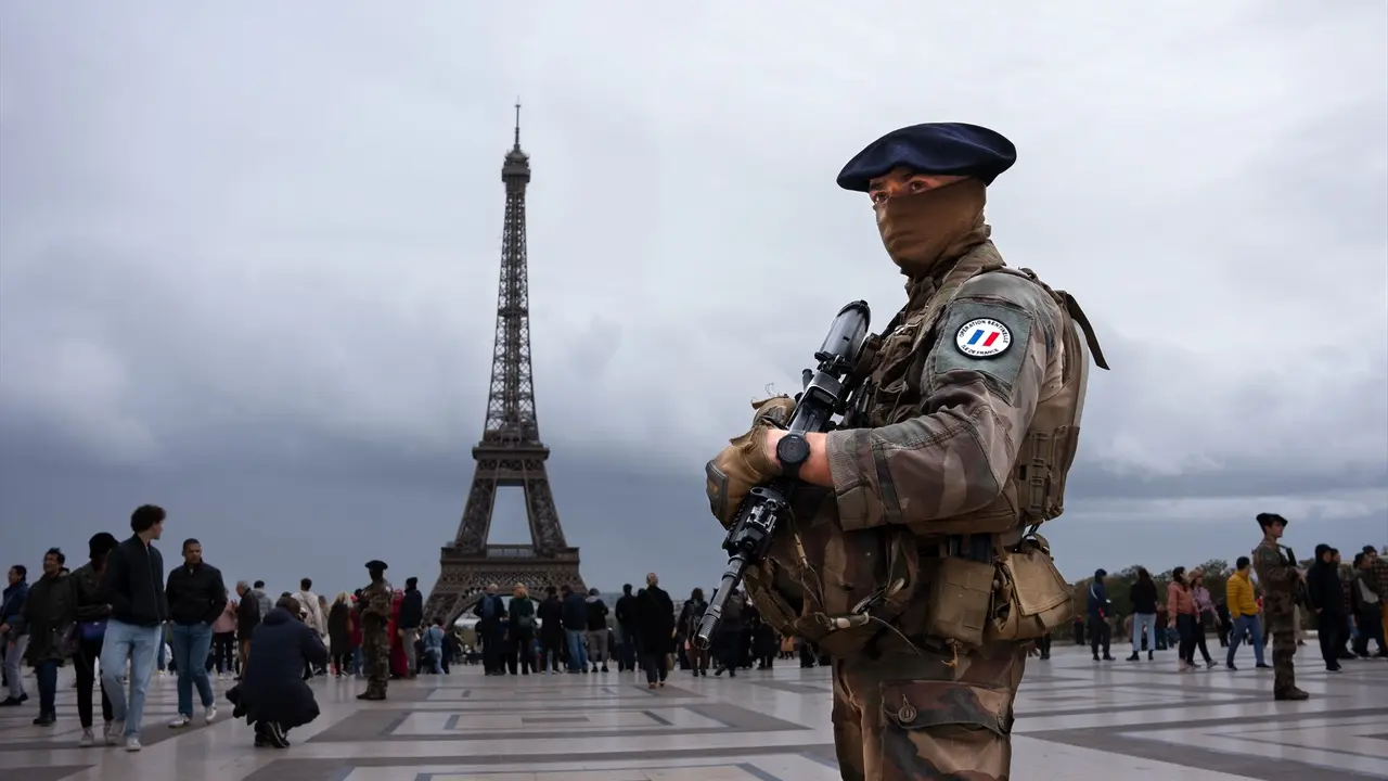 Un polic&iacute;a frente a la Torre Eiffel. EP / Ximena Borrazas