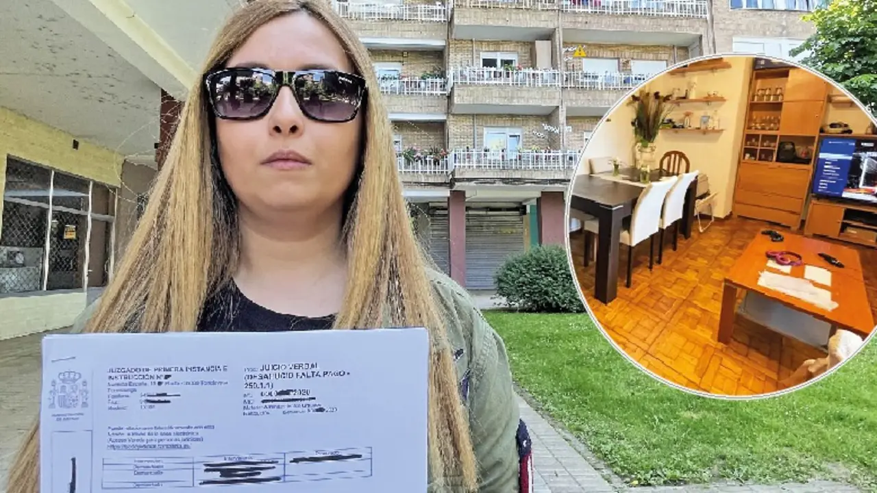 Elina posa con una sentencia judicial frente al edificio donde se encuentra el piso okupado. En detalle, arriba, el interior de la vivienda. / ALERTA