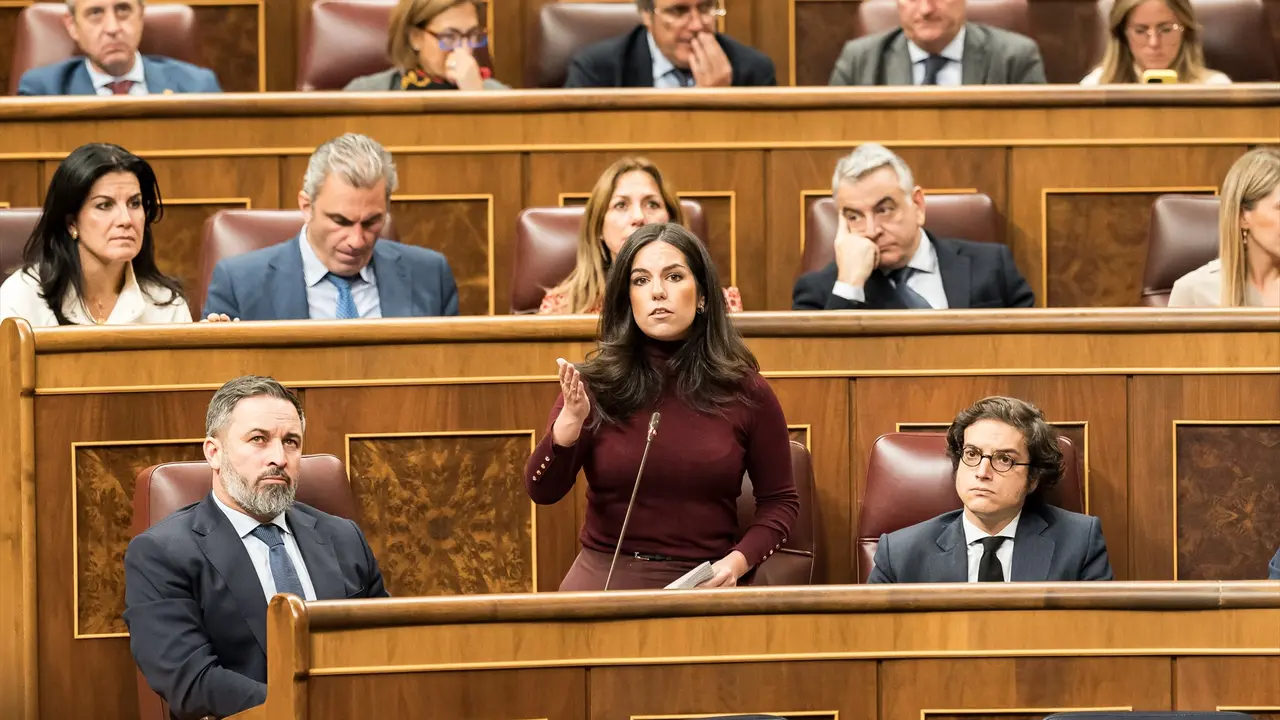 (I-D) El l&iacute;der de Vox, Santiago Abascal; la portavoz de VOX en el Congreso, Pepa Mill&aacute;n y el secretario general de VOX, Jos&eacute; Mar&iacute;a Figaredo, durante un pleno en el Congreso de los Diputados. EP / Diego Radam&eacute;s