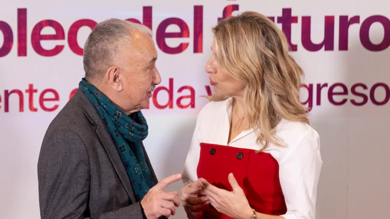 El secretario general de UGT, Pepe &Aacute;lvarez, y la vicepresidenta segunda del Gobierno y ministra de Trabajo y Econom&iacute;a Social, Yolanda D&iacute;az, durante la clausura de unas jornadas sobre el futuro del empleo, en la sede de UGT, a 19 de enero de 2024, en Madrid (Espa&ntilde;a). Organizadas por la Vicesecretar&iacute;a General de Pol&iacute;tica Sindical y la Secretar&iacute;a de Pol&iacute;tica Institucional y Pol&iacute;ticas Territoriales de UGT, las jornadas se han desarrollado bajo el t&iacute;tulo 'El futuro del empleo, el empleo con futuro'.
Fecha: 19/01/2024. leer menos

Firma: Eduardo Parra / Europa Press