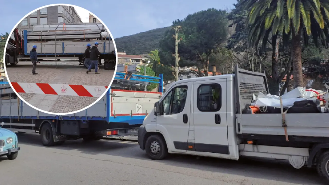 Operarios trabajando en la instalaci&oacute;n de las carpas para los Carnavales de Santo&ntilde;a. / ALERTA