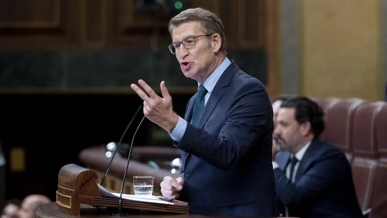 El presidente del Partido Popular, Alberto N&uacute;&ntilde;ez Feij&oacute;o, interviene durante una sesi&oacute;n plenaria, en el Congreso de los Diputados. EP / Alberto Ortega