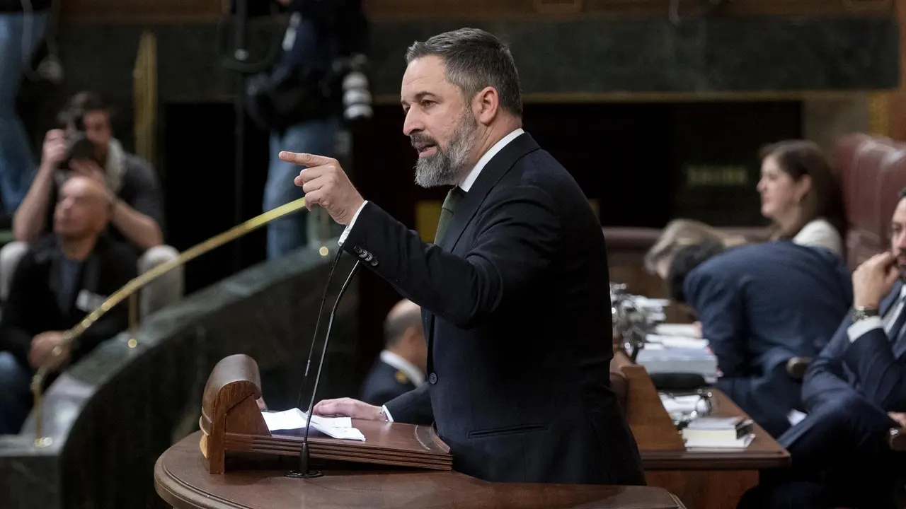El l&iacute;der de Vox, Santiago Abascal, interviene durante una sesi&oacute;n plenaria. EP / Alberto Ortega