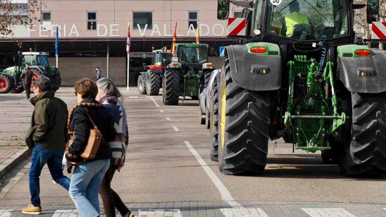 Los agricultores se manifiestan en una tractorada no convocada frente a consejer&iacute;a de Agricultura, este lunes en Valladolid. EFE / R.Garc&iacute;a