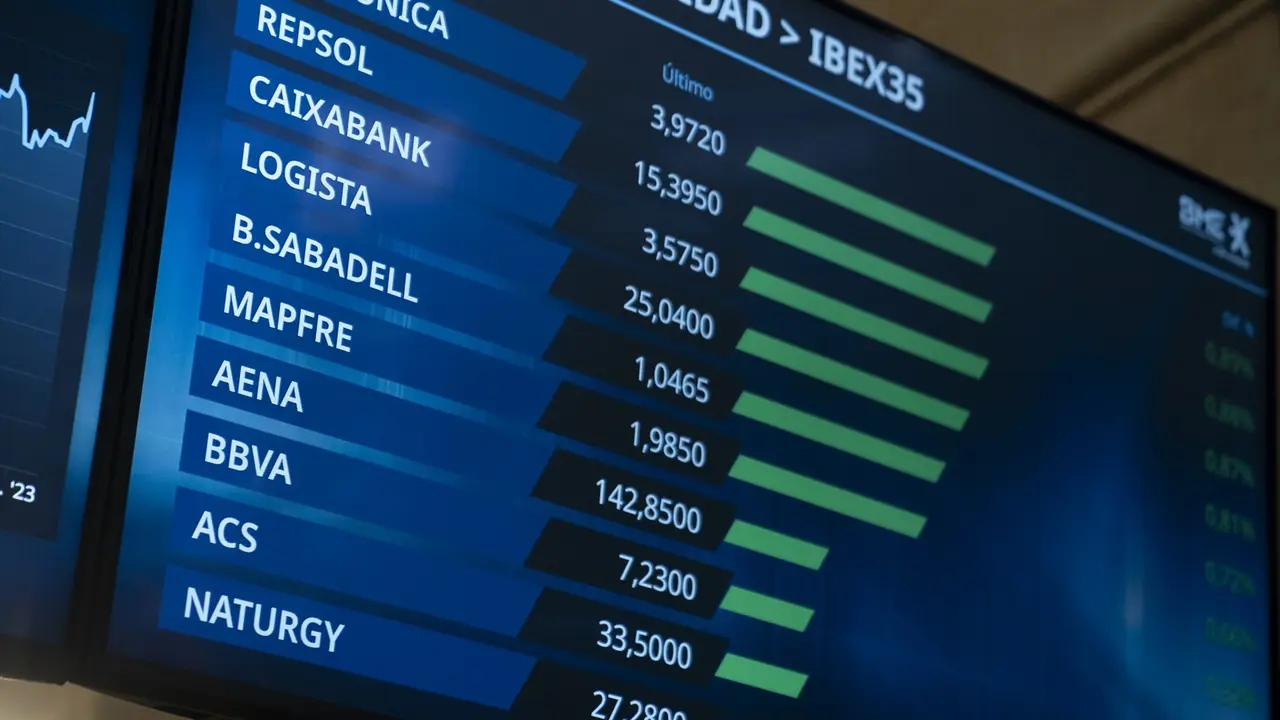 Valores econ&oacute;micos en paneles en el Palacio de la Bolsa. EP / A. P&eacute;rez Meca