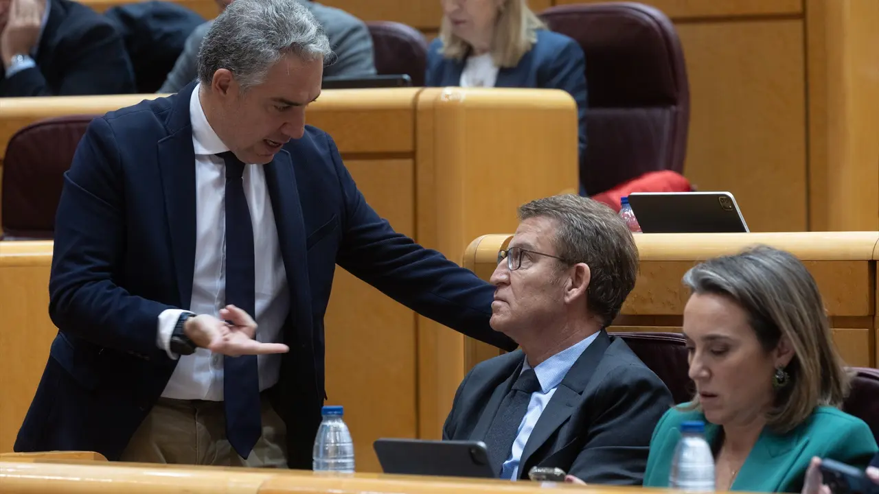El coordinador general del PP, El&iacute;as Bendodo (i), habla con el presidente del Partido Popular, Alberto N&uacute;&ntilde;ez Feij&oacute;o (d), durante la sesi&oacute;n extraordinaria del Congreso, en el Palacio del Senado. EP / Eduardo Parra / Archivo
