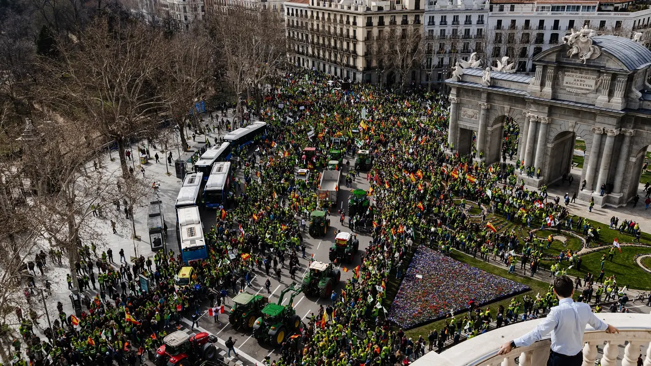 Cientos de agricultores reciben a las primeras columnas de tractores en la Puerta de Alcal&aacute; durante la d&eacute;cimosexta jornada de protestas. EP / Carlos Luj&aacute;n
