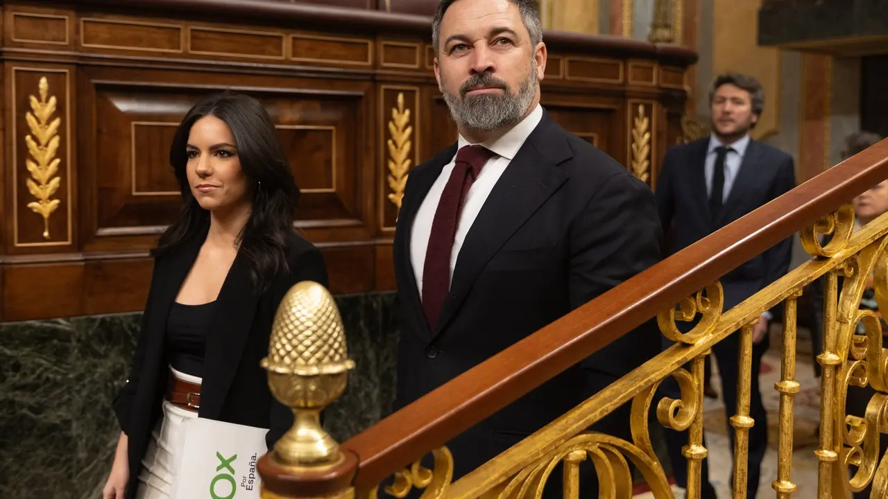 La diputada de VOX Pepa Mill&aacute;n y el l&iacute;der de VOX, Santiago Abascal, llega a una sesi&oacute;n de control al Gobierno. EP / Eduardo Parra