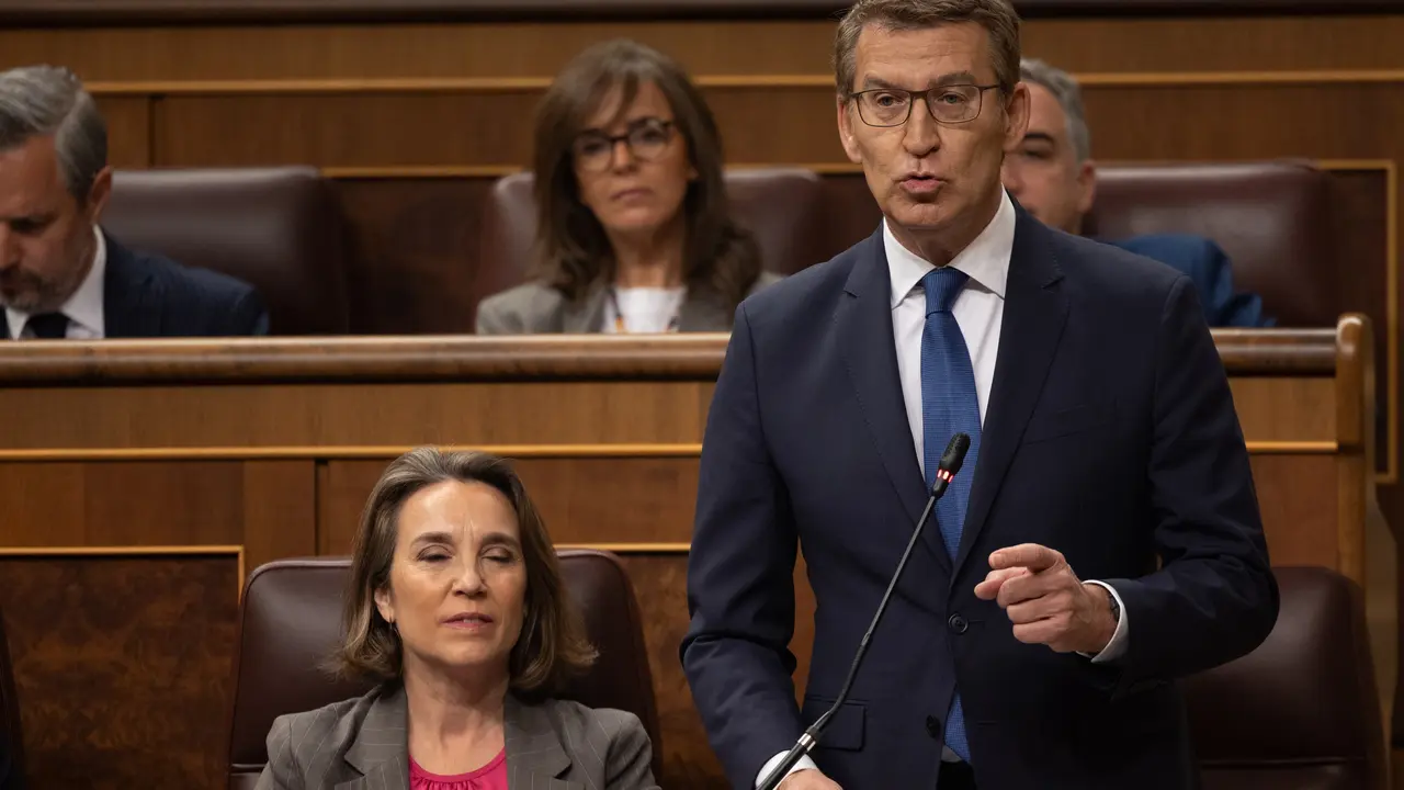 El l&iacute;der del PP, Alberto N&uacute;&ntilde;ez Feij&oacute;o, interviene durante una sesi&oacute;n de control al Gobierno.