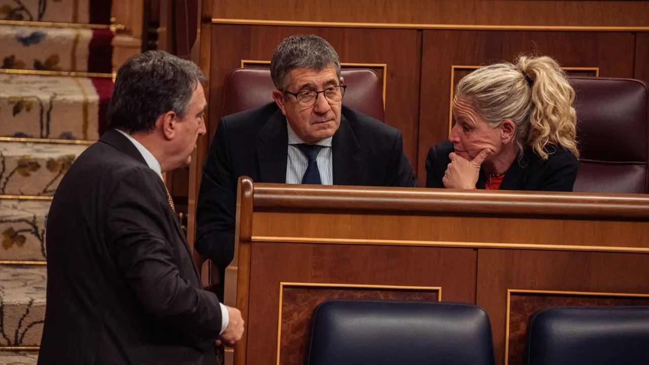 El portavoz del EAJ-PNV, Aitor Esteban (i) y el portavoz del PSOE en el Congreso, Patxi L&oacute;pez (c), durante una sesi&oacute;n plenaria. EP / Gabriel Luengas / Archivo