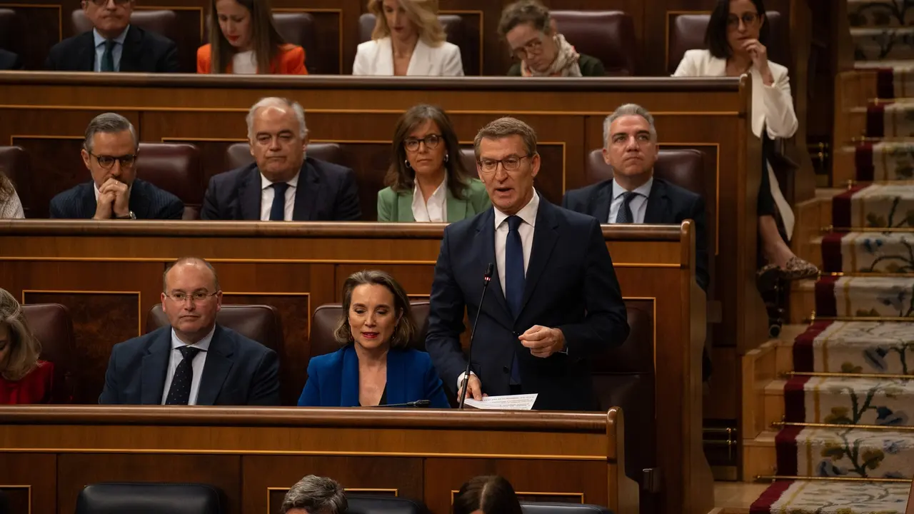 El presidente del PP, Alberto N&uacute;&ntilde;ez Feij&oacute;o, interviene durante una sesi&oacute;n de control al Gobierno. EP / Gabriel Luengas